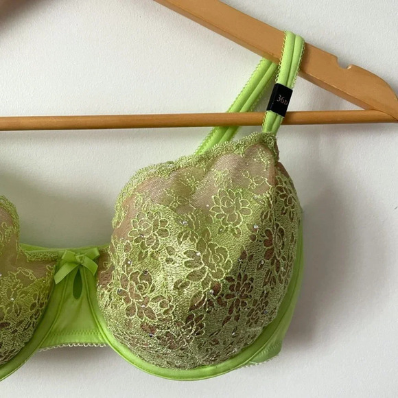 Victoria's Secret Balconet  Bra Green Floral Lace Rhinestone Gem 36D - Picture 2 of 6